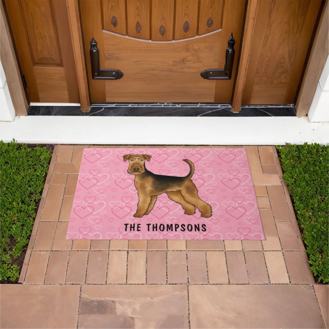 Airedale Terrier Dog With Pink Hearts And Name Doormat (Outdoor)