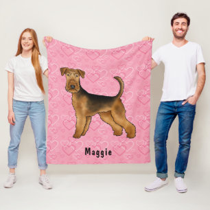 Airedale Terrier Dog With Pink Hearts And Name Fleece Blanket