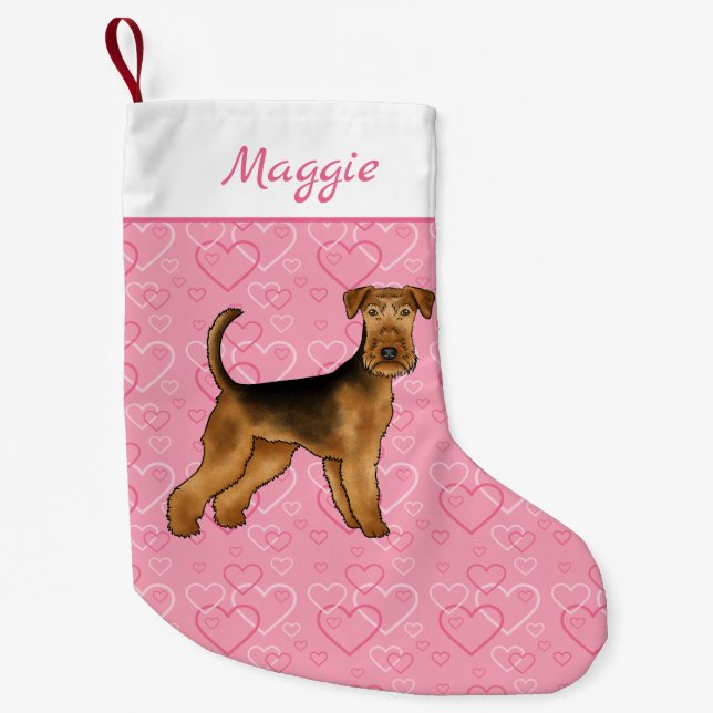 Airedale Terrier Dog With Pink Hearts And Name Small Christmas Stocking (Front)