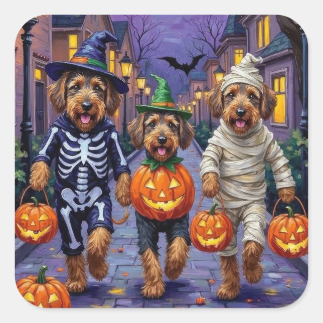 Airedale Terrier Dogs Trick-or-Treating Halloween  Square Sticker (Front)