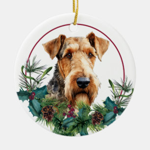 Airedale Terrier Evergreen Berry Wreath Ceramic Tree Decoration