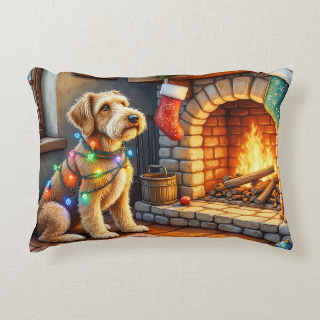 Airedale Terrier Fireplace Christmas Lights Decorative Cushion (Front)