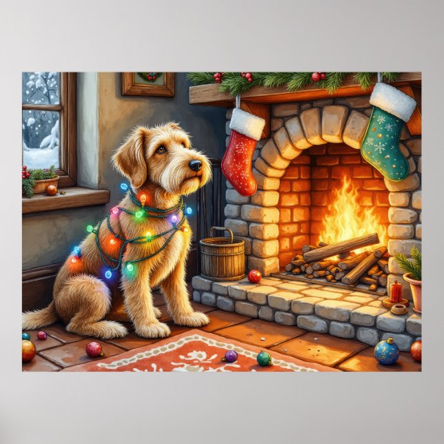 Airedale Terrier Fireplace Christmas Lights Poster (Front)
