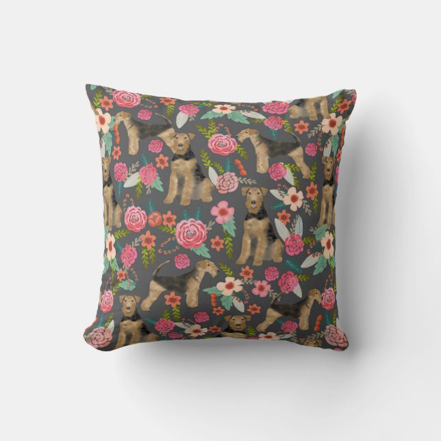 Airedale Terrier Floral print pillow - charcoal (Front)