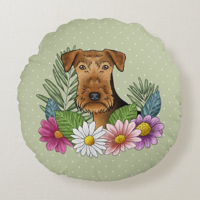 Airedale Terrier Head With Colourful Summer Flower Round Cushion (Front)