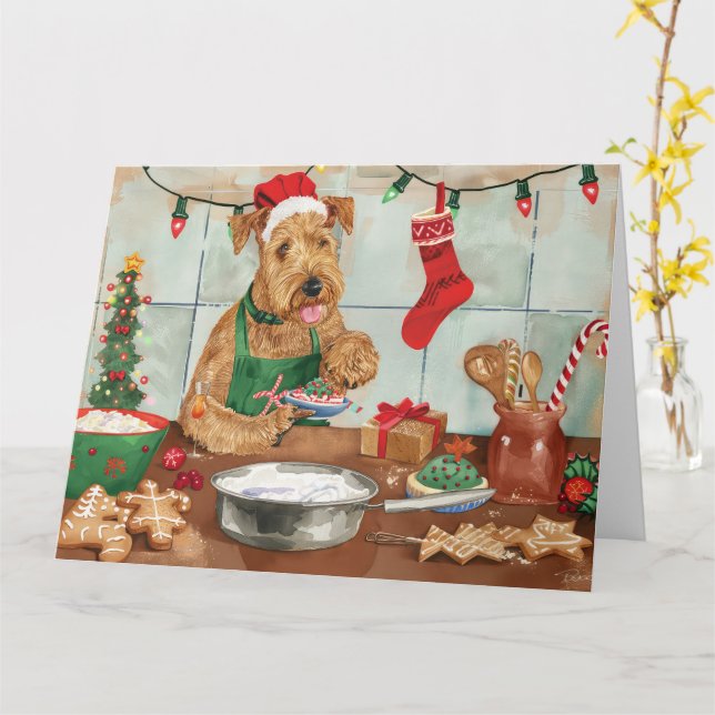 Airedale Terrier Holiday Baking: Festive Christmas Card (Yellow Flower)
