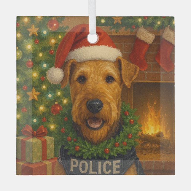 Airedale Terrier Holiday  Glass Tree Decoration (Front)