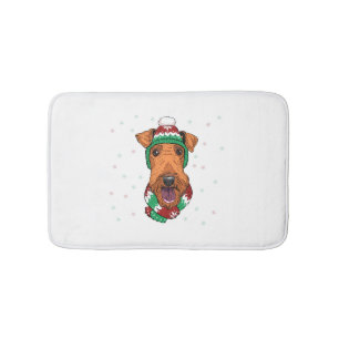Airedale Terrier in christmas hat     Bath Mat