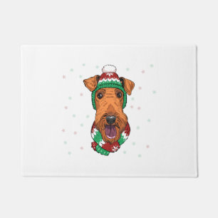 Airedale Terrier in christmas hat     Doormat