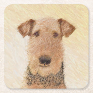 Airedale Terrier Painting - Cute Original Art Square Paper Coaster