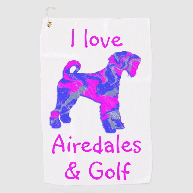 Airedale Terrier Pink Dog Silhouette Monogram Golf Towel (Front)