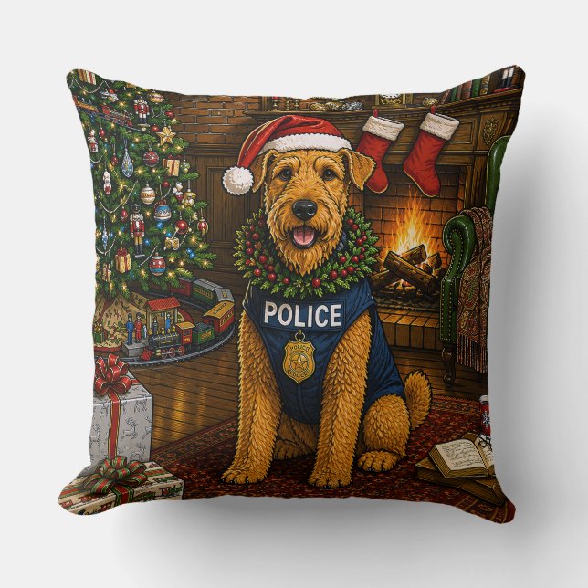 Airedale Terrier Police Holiday Cushion (Front)