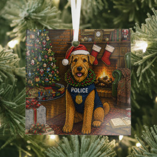 Airedale Terrier Police Holiday Glass Tree Decoration