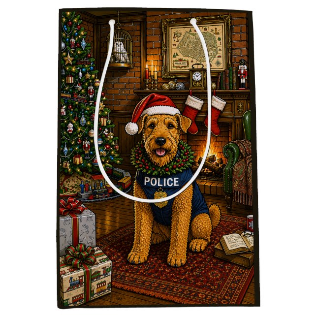 Airedale Terrier Police Holiday Medium Gift Bag (Front)