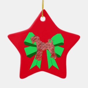 Airedale Terrier Red Dog & Green Bow Christmas Ceramic Tree Decoration