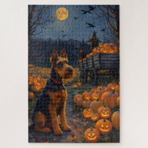 Airedale Terrier Rustic Halloween Pumpkin Patch  Jigsaw Puzzle