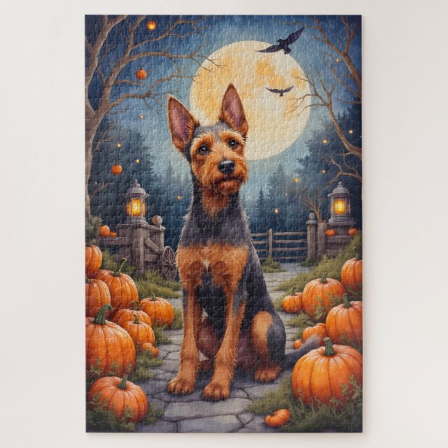 Airedale Terrier Rustic Halloween Pumpkin Patch  Jigsaw Puzzle (Vertical)
