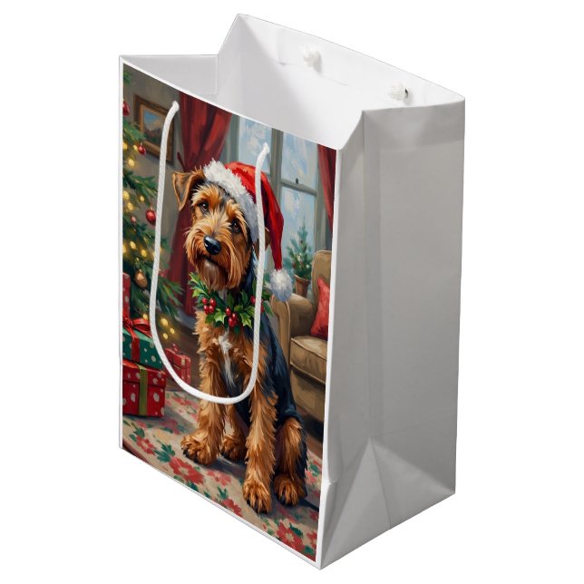 Airedale Terrier Santa Hat Christmas Fun Art Medium Gift Bag (Front Angled)