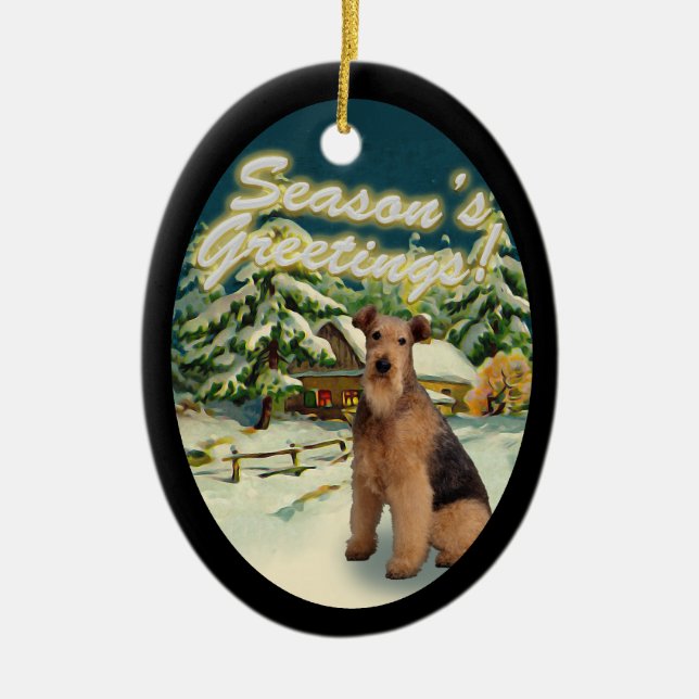 Airedale Terrier Snow Cabin Christmas Ornament (Front)
