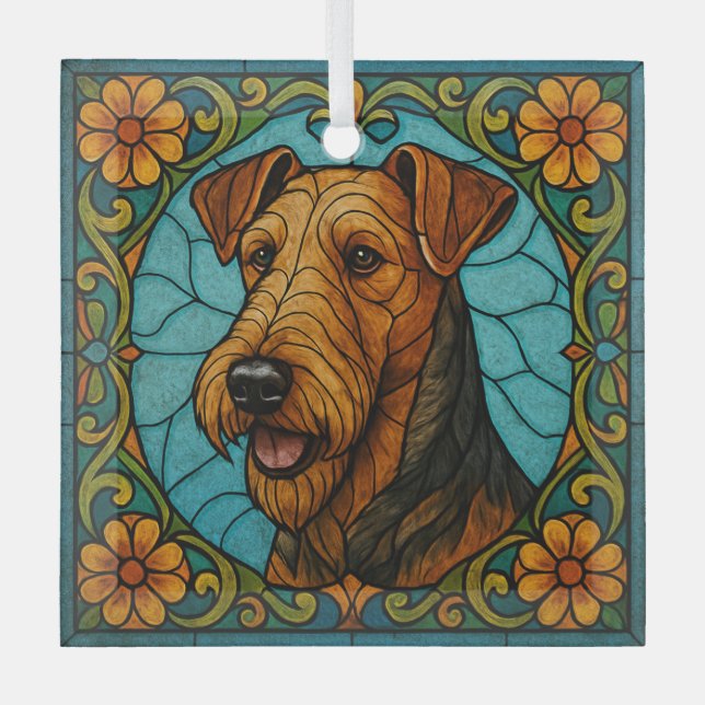 Airedale Terrier "Stained Glass"  Glass Tree Decoration (Front)