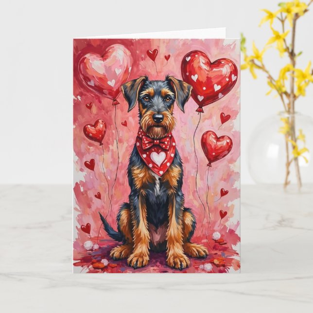 Airedale Terrier Valentine’s Day Dog with Hearts Card (Yellow Flower)