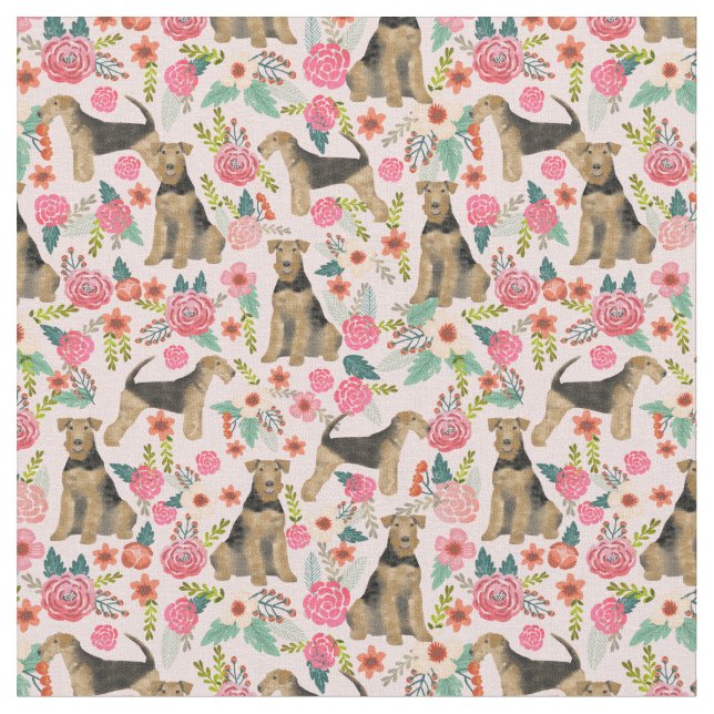 Airedale Terrier vintage florals pink Fabric (Close Up)