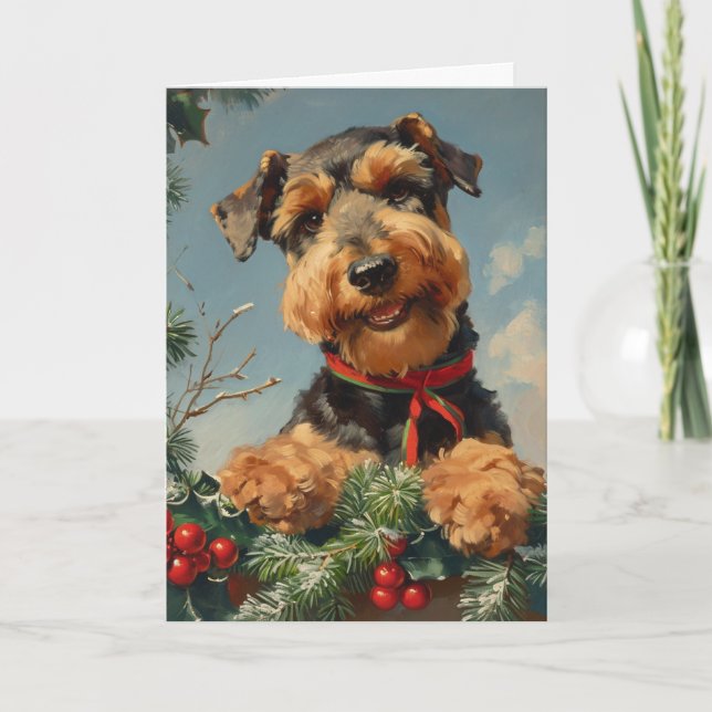 Airedale Terrier vintage personalised Christmas  Holiday Card (Front)