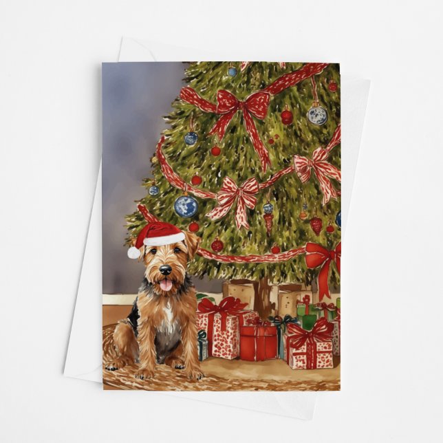 Airedale Terrier Watercolor Under Christmas Tree Card (Creator Uploaded)