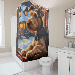 Airedale Terrier With Christmas Lights Holiday Shower Curtain