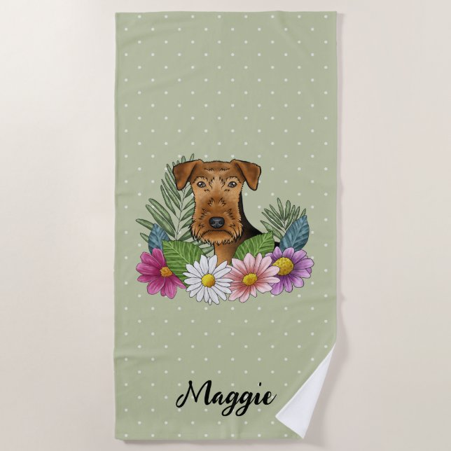 Airedale Terrier With Colourful Flowers And Name Beach Towel (Front)