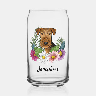 Airedale Terrier With Colourful Flowers And Name Can Glass