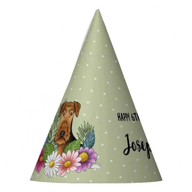 Airedale Terrier With Colourful Flowers Birthday Party Hat (Left)