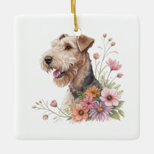 Airedale Terrier With Flowers Ceramic Ornament