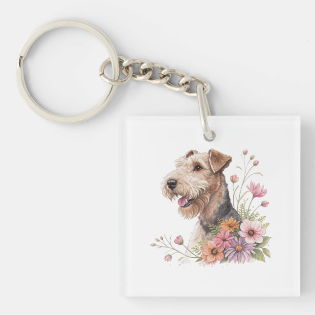 Airedale Terrier With Flowers Key Ring (Front)