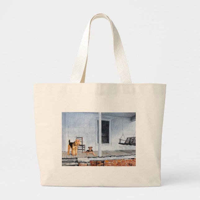 Airedale Terriers on the Veranda Large Tote Bag (Front)