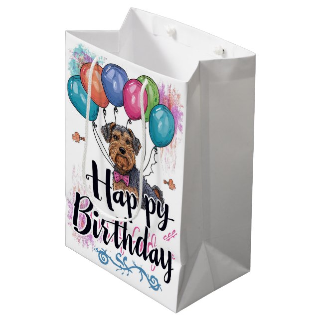 Airedale with Balloons Birthday Medium Gift Bag (Front Angled)