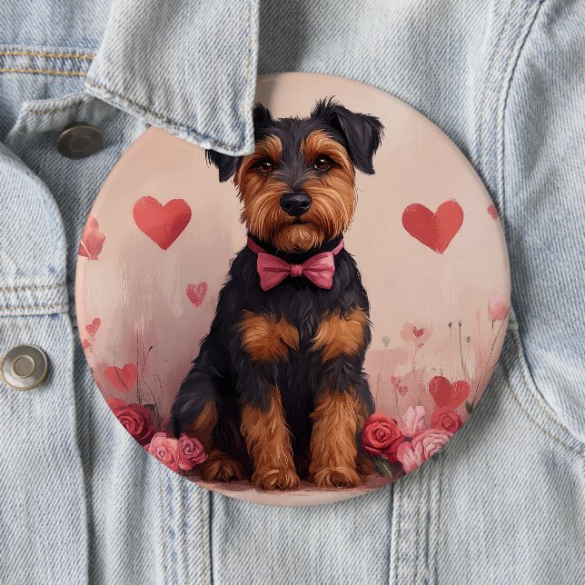Airedale with Roses - Valentine's Day 6 Cm Round Badge (In Situ)