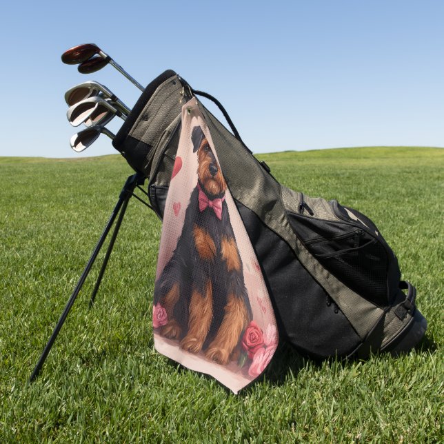 Airedale with Roses - Valentine's Day Golf Towel (Green)
