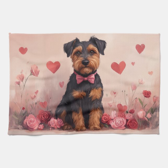 Airedale with Roses - Valentine's Day Tea Towel (Horizontal)
