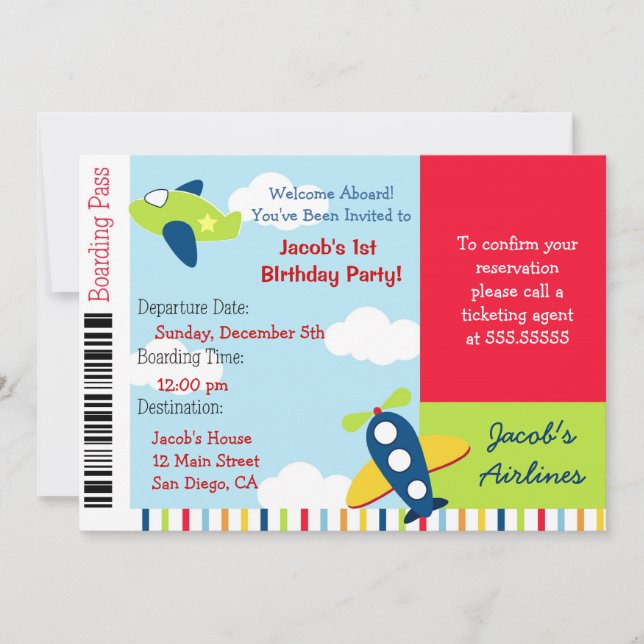 Airline Aeroplane Ticket Birthday Party Invitation (Front)