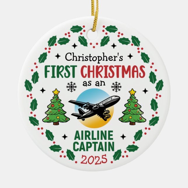Airline Captain First Christmas Pilot Personalized Ceramic Tree Decoration (Front)