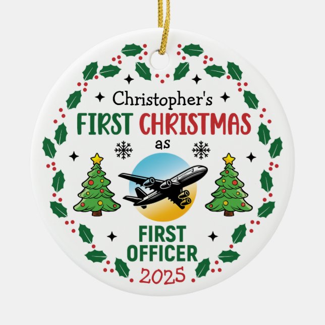 Airline First Officer Personalized Pilot Christmas Ceramic Tree Decoration (Front)
