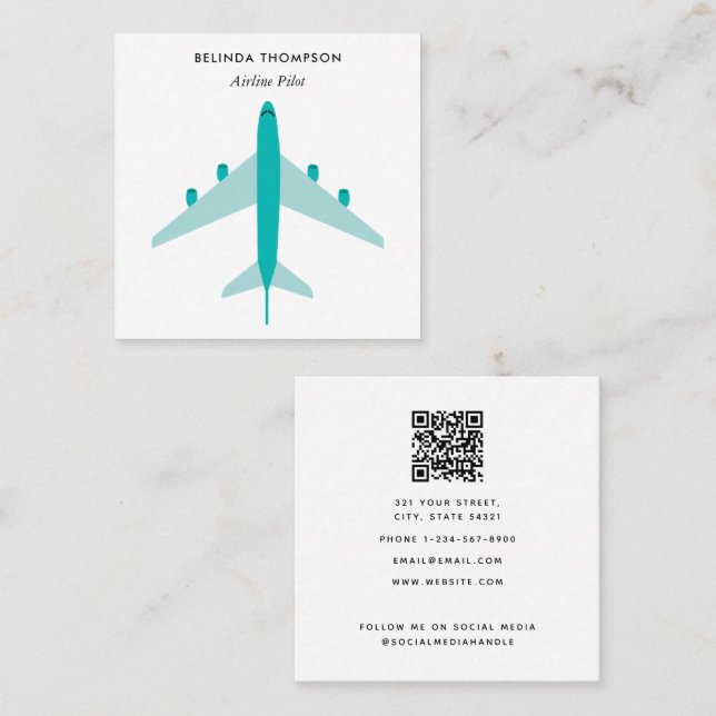Airline Pilot Aeroplane QR Code Social Media Square Business Card (Front/Back)