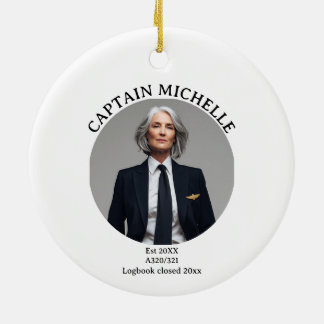 Airline Pilot Retirement Photo Blue Ivory Stripes Ceramic Tree Decoration