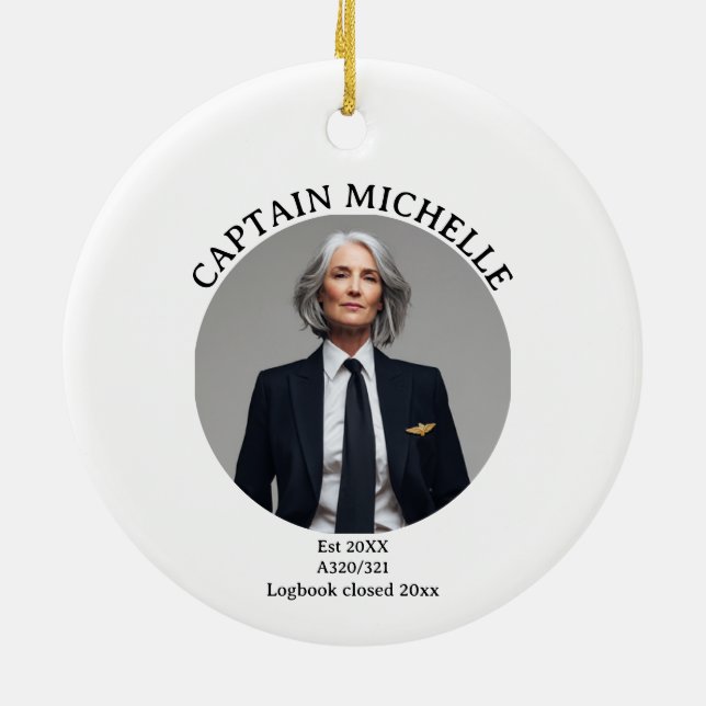 Airline Pilot Retirement Photo Blue Ivory Stripes Ceramic Tree Decoration (Back)