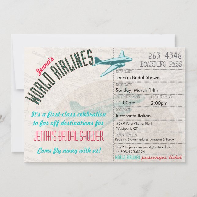 Airline Ticket DestinationBridal Shower Invitation (Front)