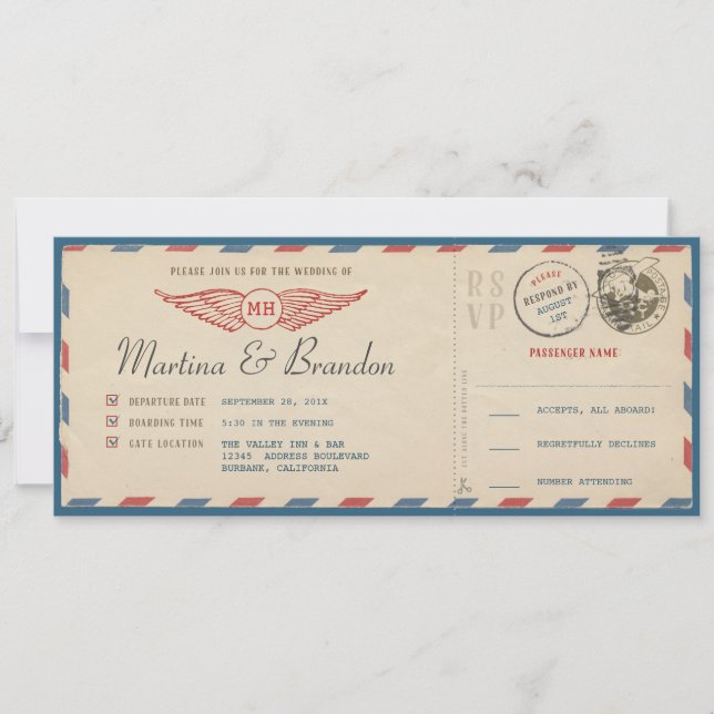 Airmail Boarding Pass Wedding Invitation (Front)