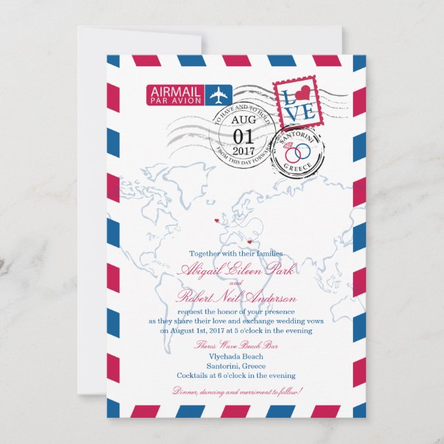 Airmail Heart Ireland and Greece Wedding Invitation (Front)