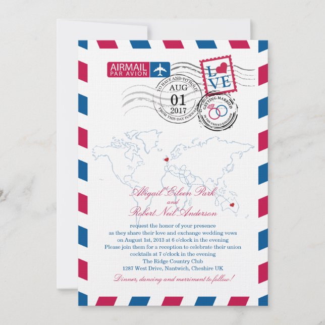 Airmail Heart UK and Austraila Wedding Invitation (Front)