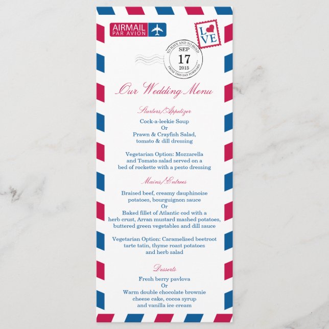 Airmail Red Blue Stripes Wedding Menu (Front)